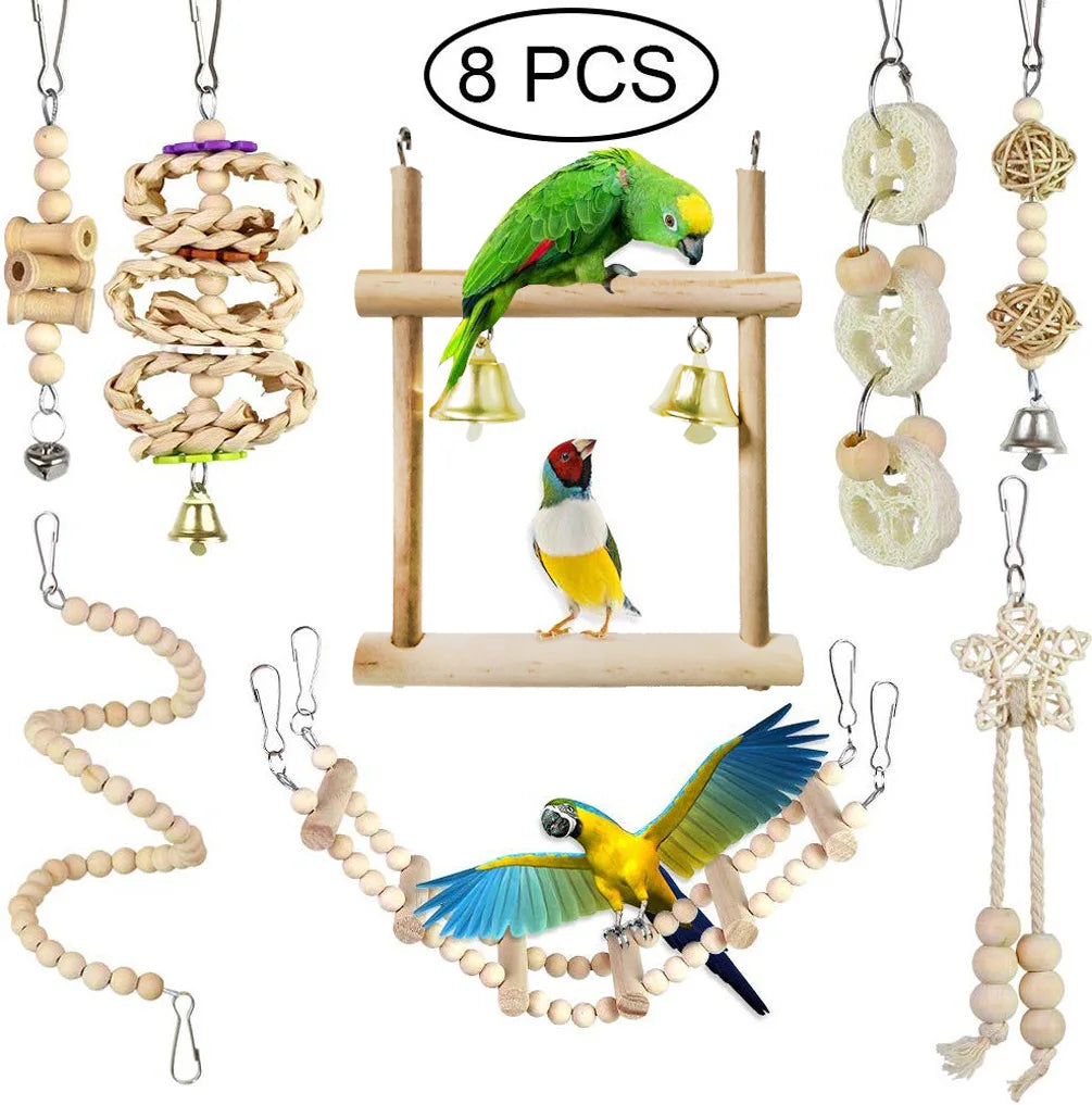 Playful Bird Toy Set: Swing, Chew, Train - Hammock, Bell, Perch, Ladder