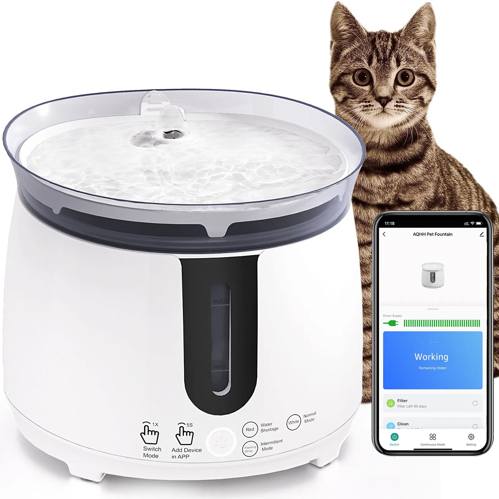 Cat Water Fountain Wireless Pump with Automatic Smart Fountain App