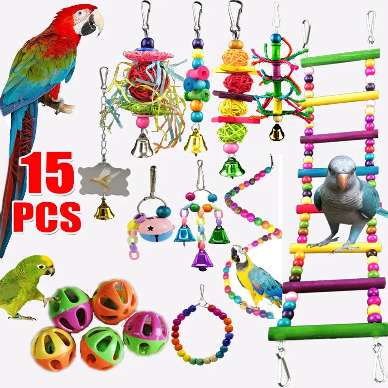 Playful Bird Toy Set: Swing, Chew, Train - Hammock, Bell, Perch, Ladder