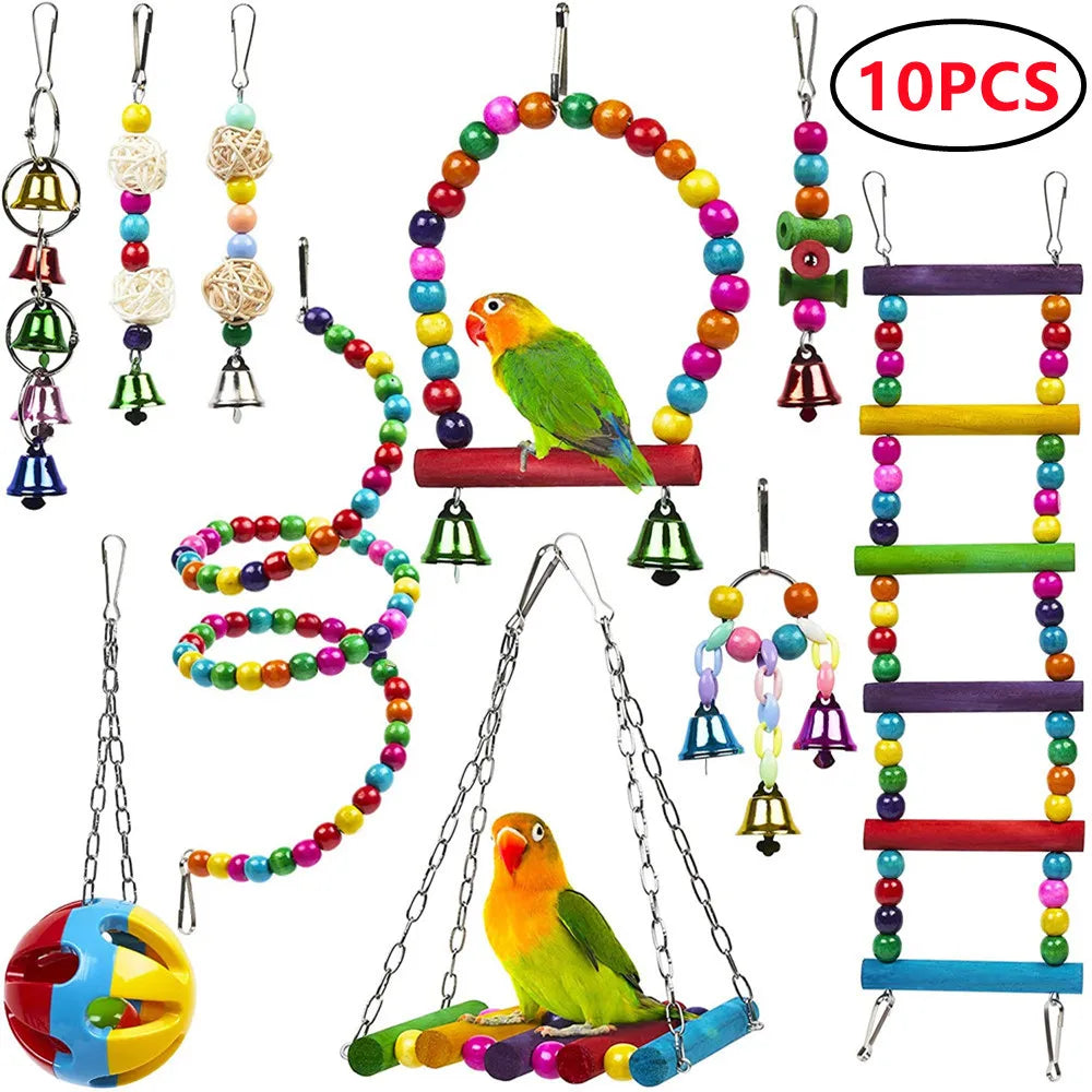 Playful Bird Toy Set: Swing, Chew, Train - Hammock, Bell, Perch, Ladder