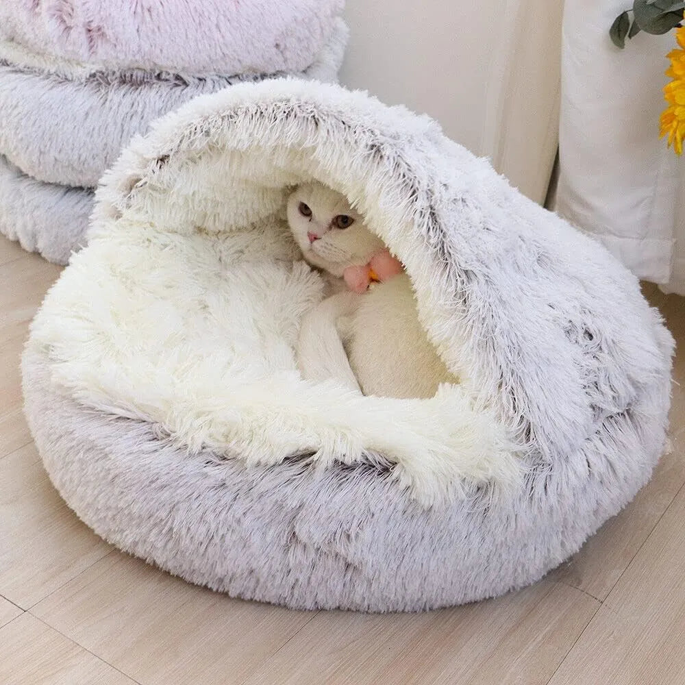 Plush Round Cat Bed with Cover - Cozy 2-in-1 Sleeping Nest