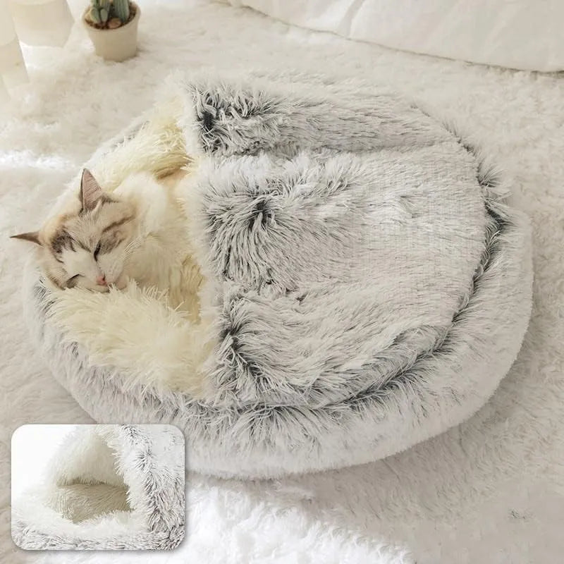 Plush Round Cat Bed with Cover - Cozy 2-in-1 Sleeping Nest
