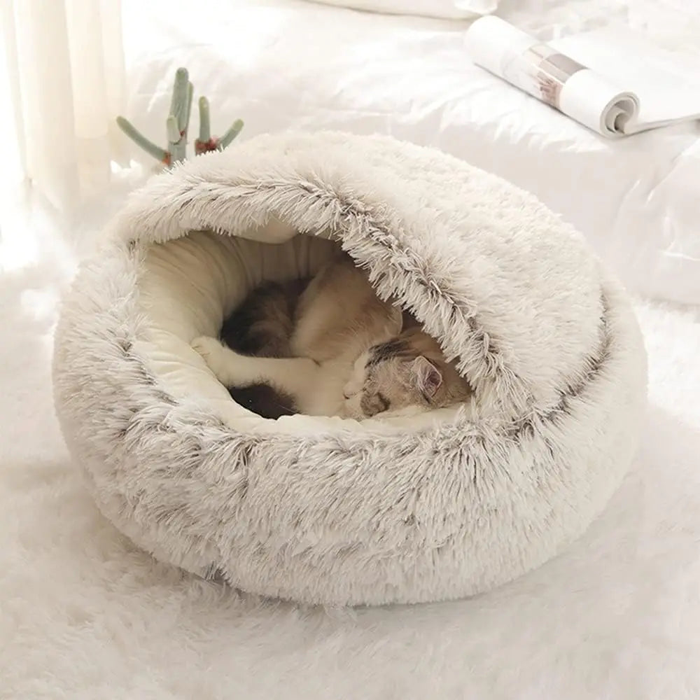 Plush Round Cat Bed with Cover - Cozy 2-in-1 Sleeping Nest