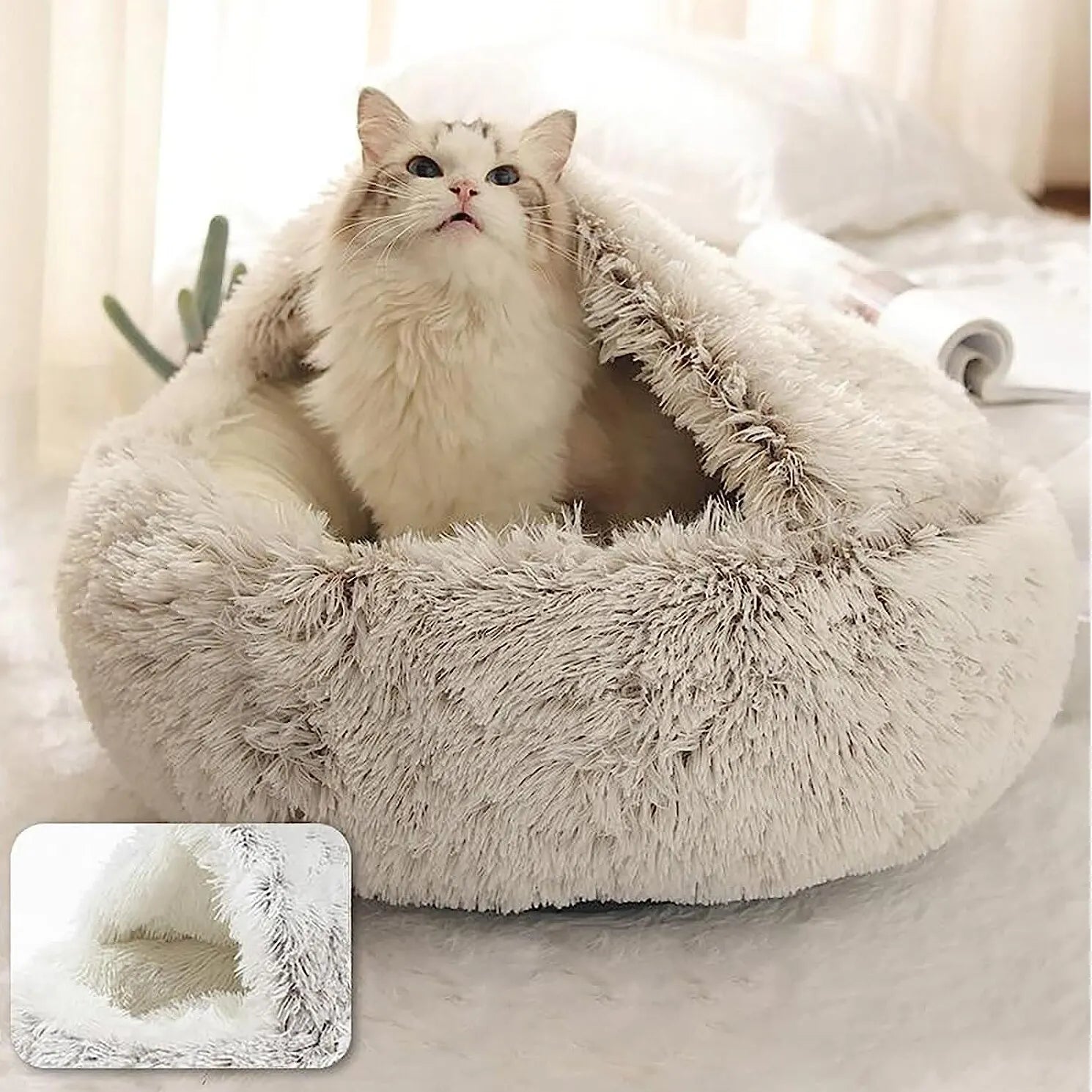 Plush Round Cat Bed with Cover - Cozy 2-in-1 Sleeping Nest
