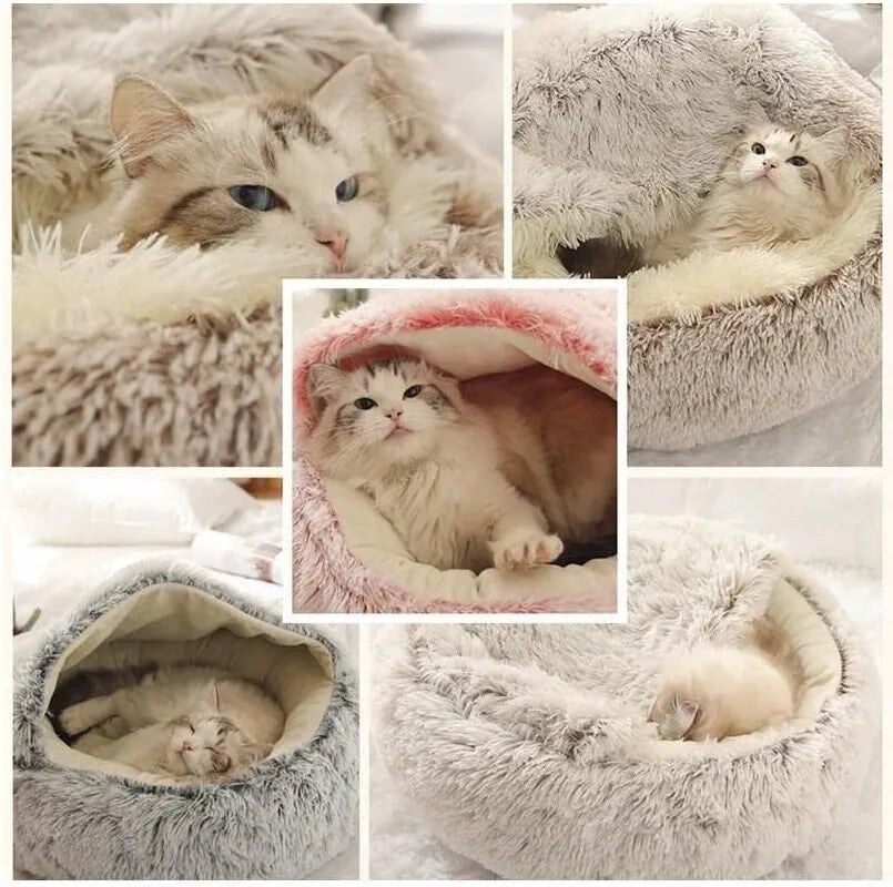 Plush Round Cat Bed with Cover - Cozy 2-in-1 Sleeping Nest